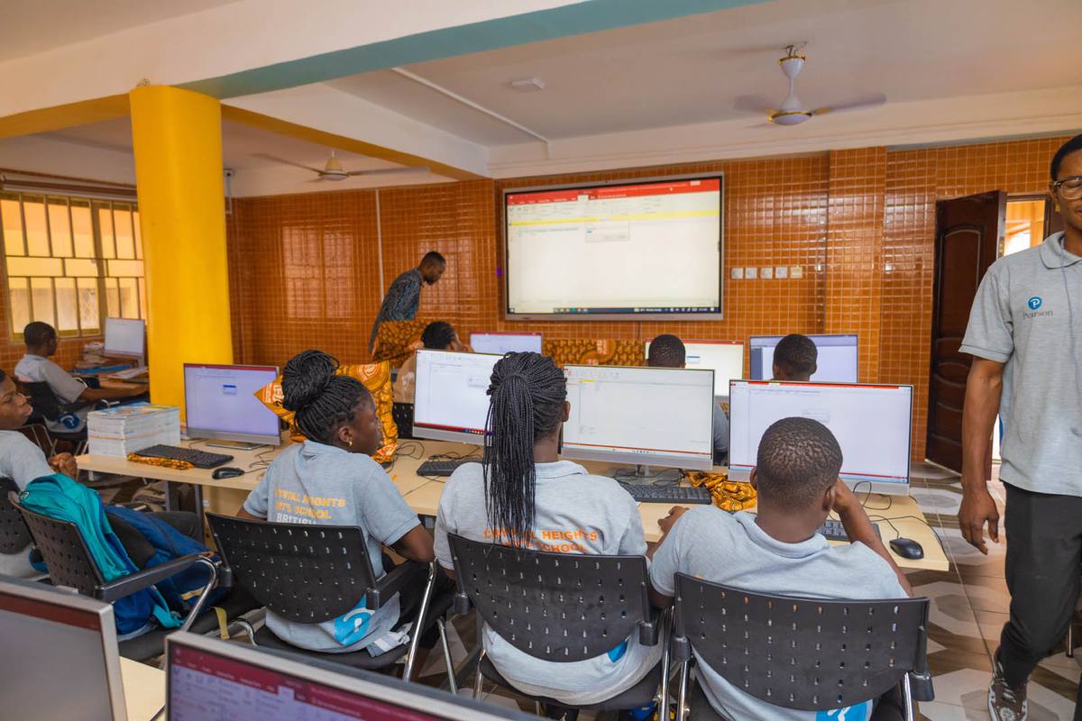 Students at workstations in the Crystal Heights computing laboratory